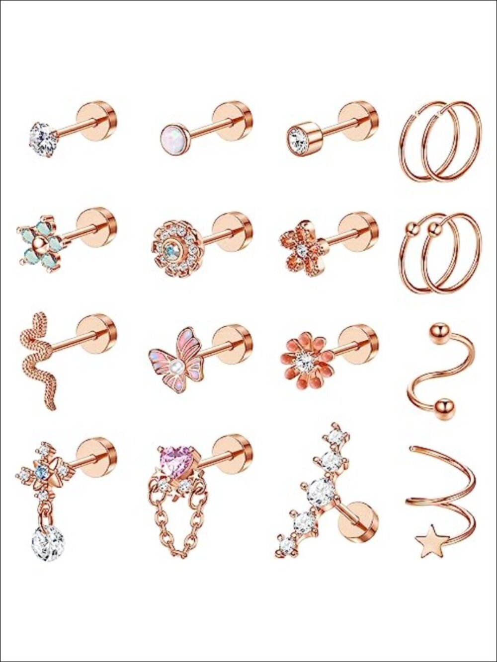 18pc Stainless Steel Cartilage Earring Stud Set Flat Back Piercing Jewelry
